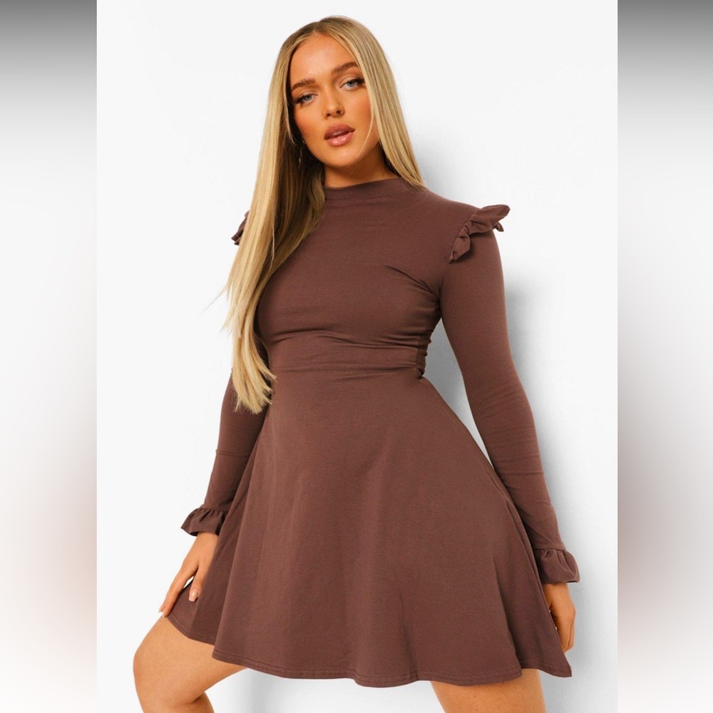 Long Sleeve Ruffle Detail Skater Dress